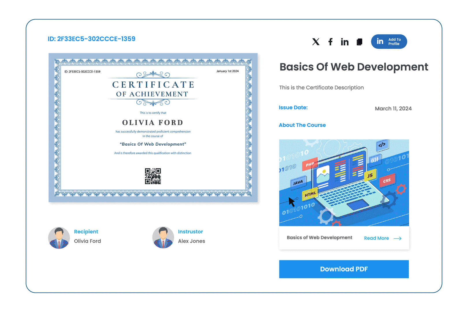 wpinnovators product certificate verify and share for learndash customize template display image