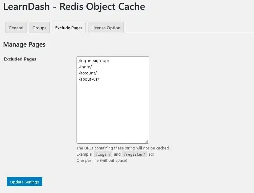 wpinnovators product redis object cache for learndash exclude pages settings image wpinnovators product redis object cache for learndash exclude pages settings image