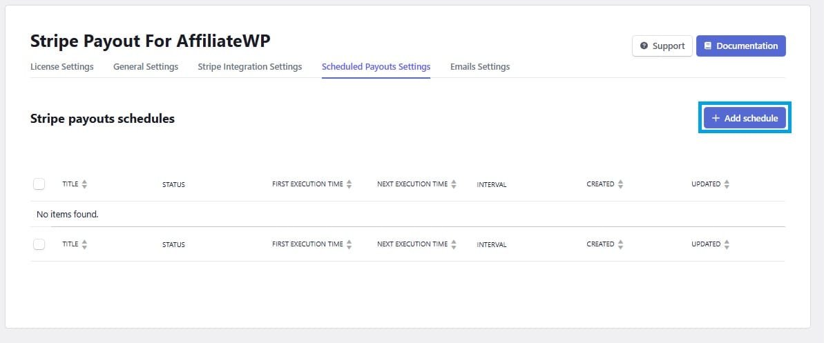 wpinnovators product stripe payout for affiliatewp scheduled payouts settings add schedule button image 