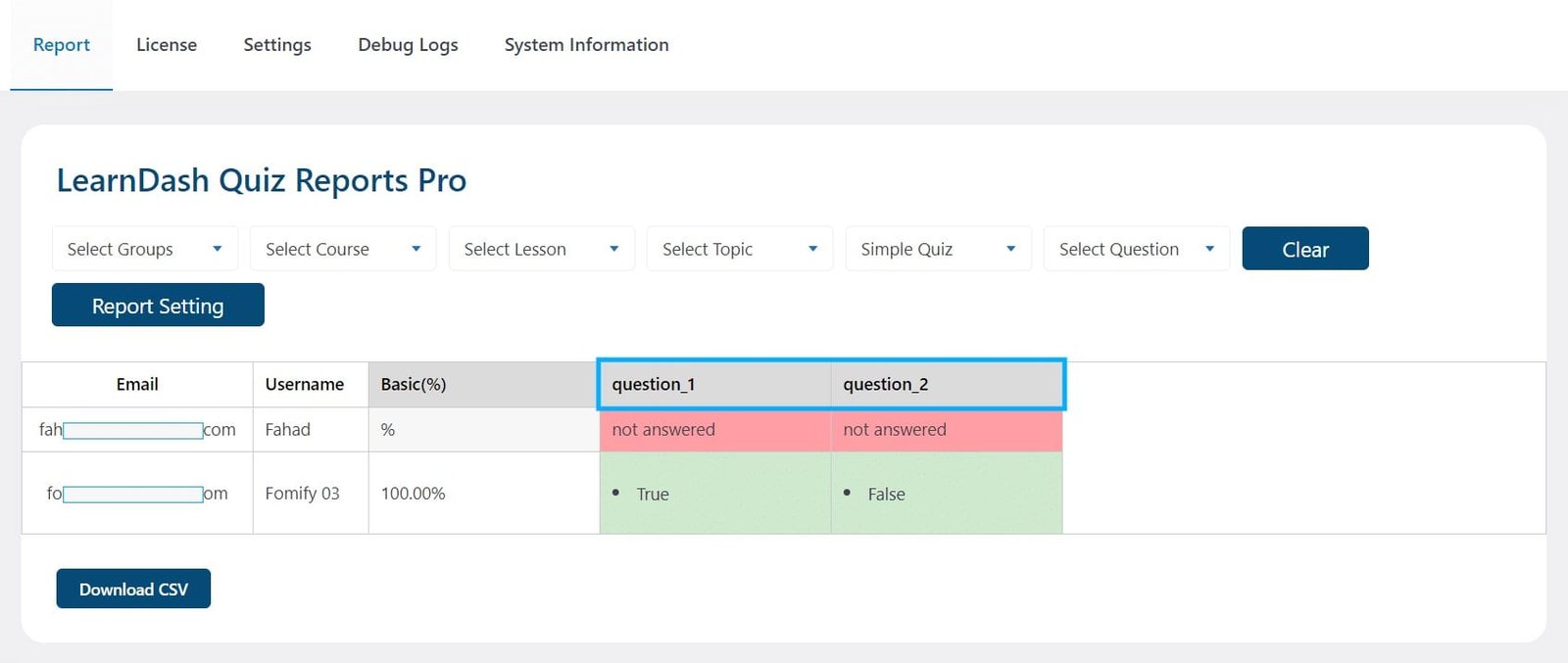 wpinnovators product quiz reports for learndash questions when toggle is disabled image