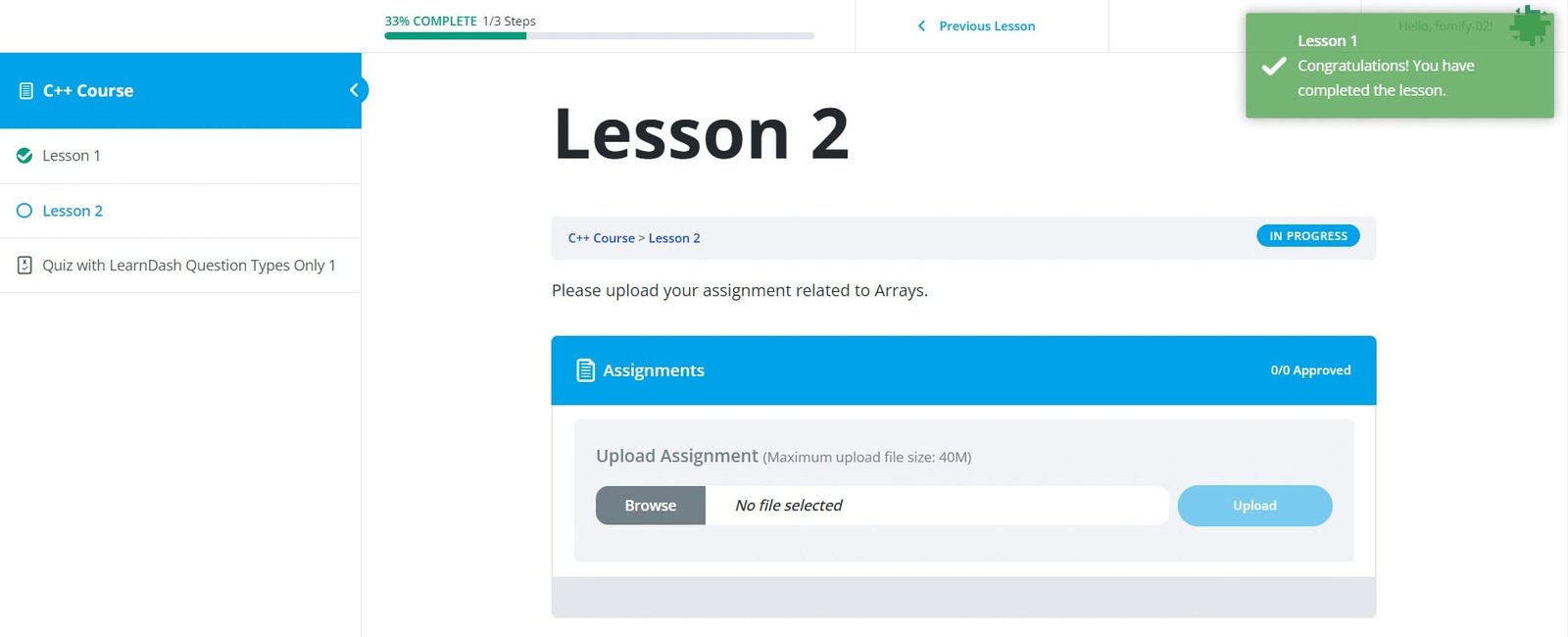 wpinnovators product student notifications for learndash complete lesson notification frontend image