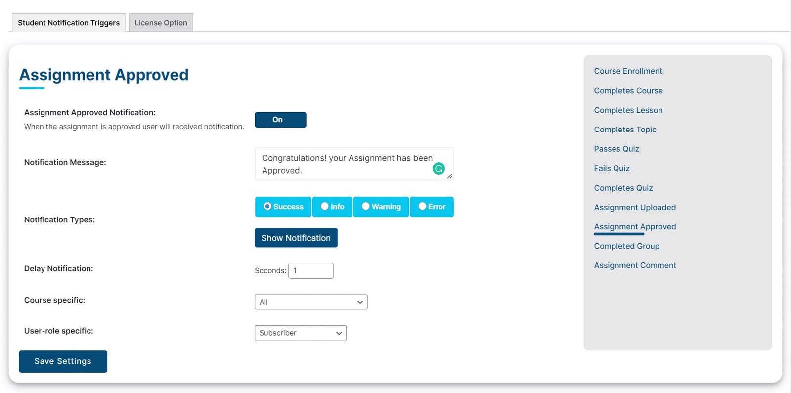 wpinnovators product student notifications for learndash assignment approved notification settings image
