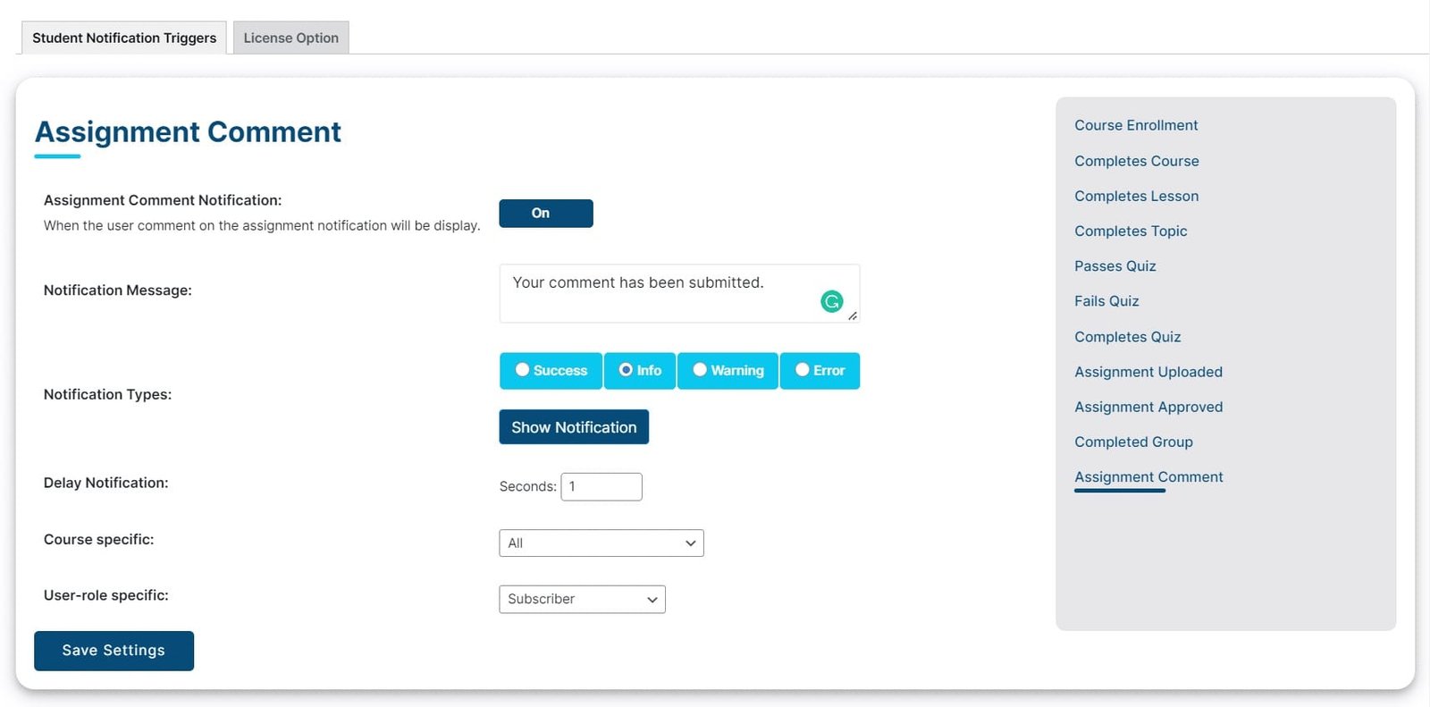 wpinnovators product student notifications for learndash assignment comment notification settings image