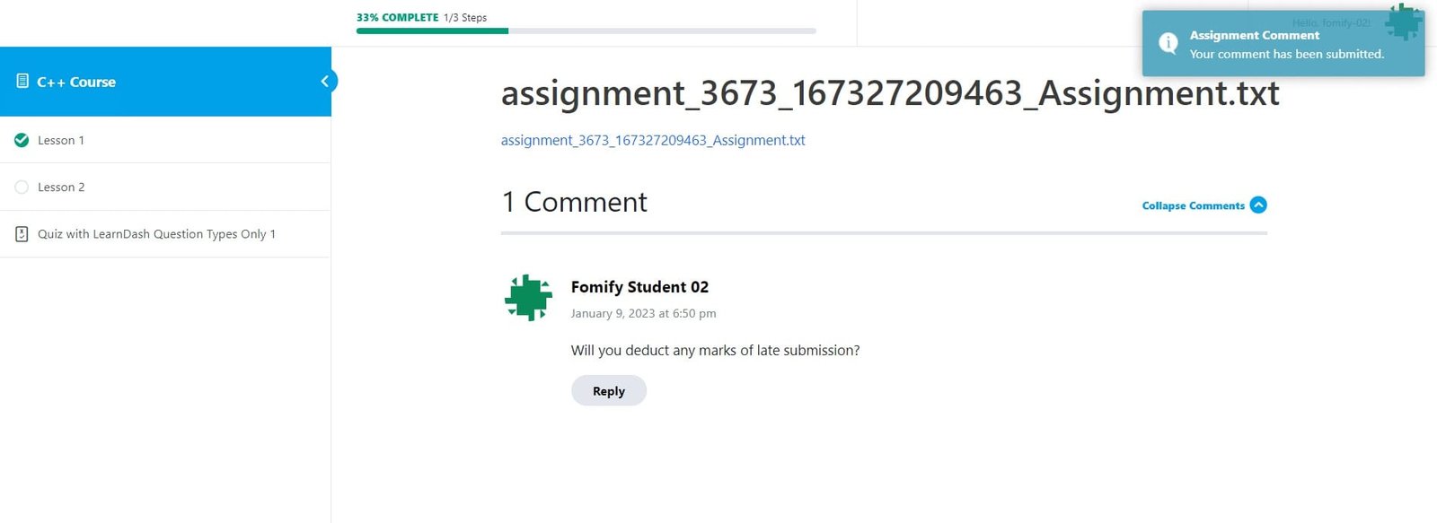 wpinnovators product student notifications for learndash assignment notification assignment comment has been submitted frontend image