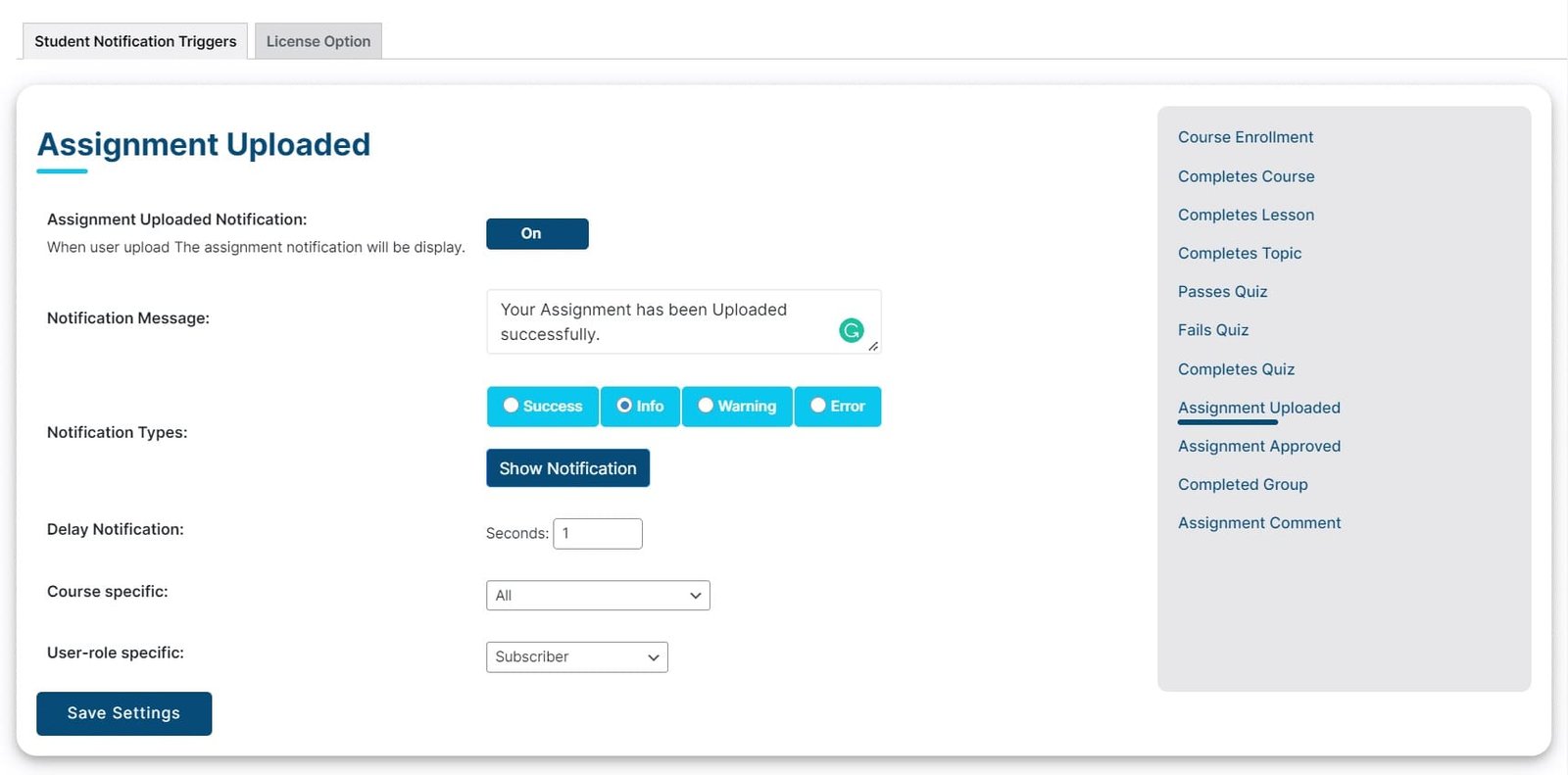 wpinnovators product student notifications for learndash assignment uploaded notification settings image