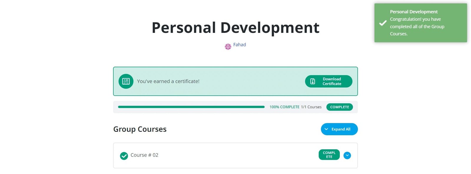 wpinnovators product student notifications for learndash complete group notification frontend image