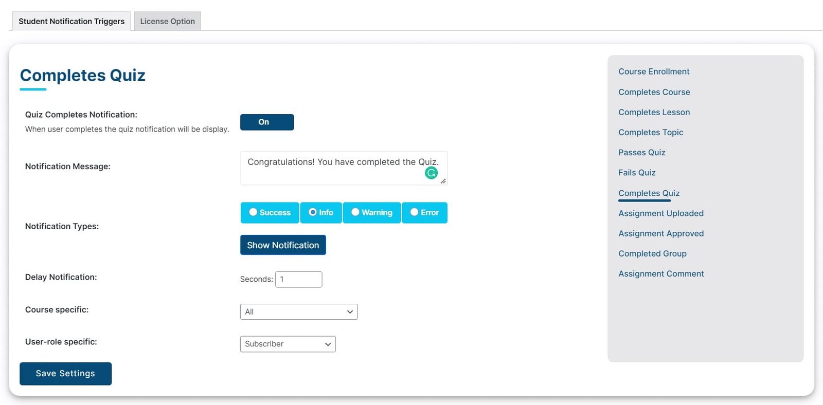 wpinnovators product student notifications for learndash completes quiz notification settings image
