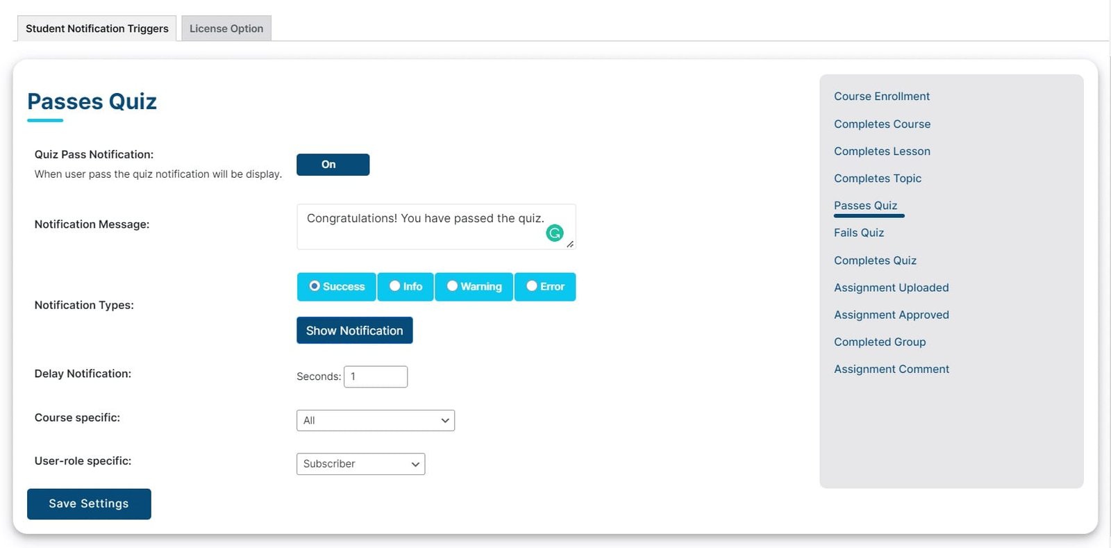 wpinnovators product student notifications for learndash passes quiz notification settings image