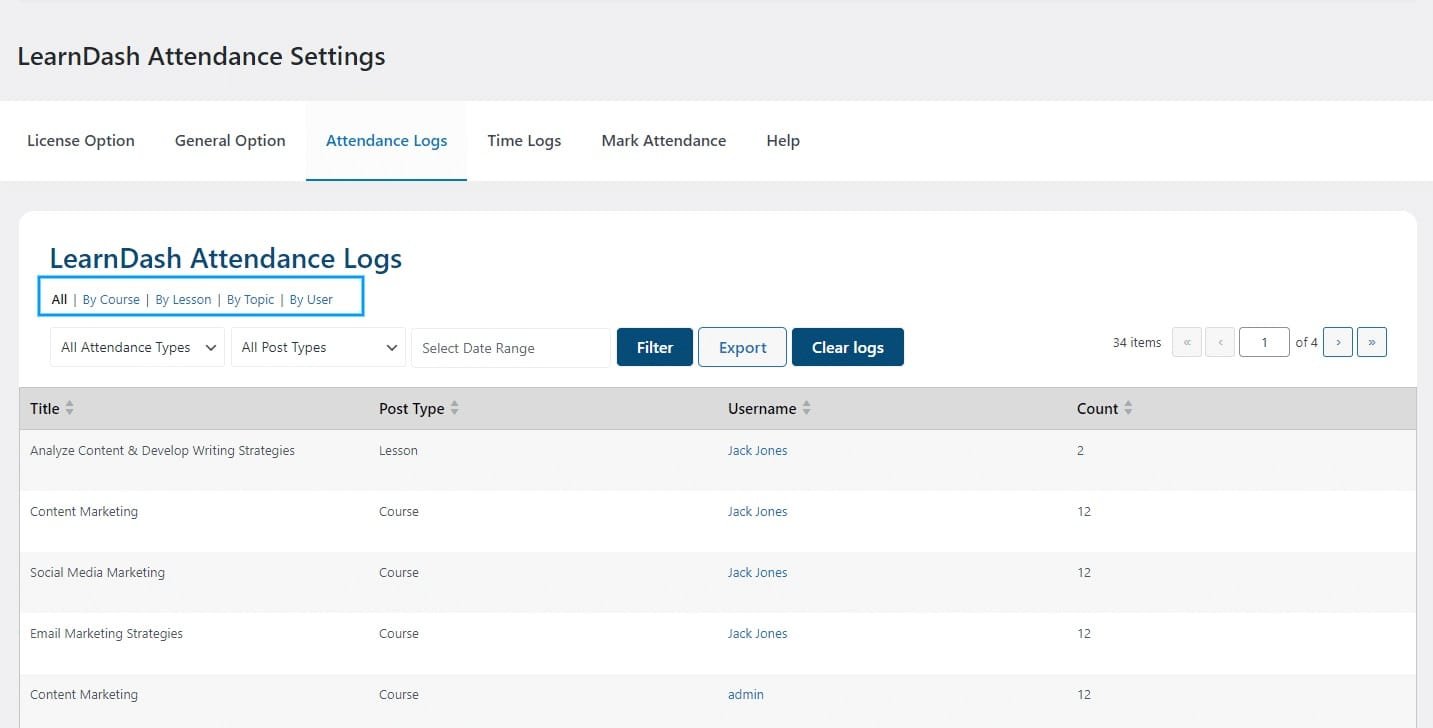 wpinnovators product attendance management for learndash attendance logs navigation tabs image wpinnovators product attendance management for learndash attendance logs navigation tabs image