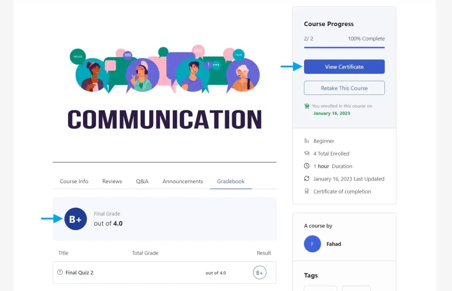 wpinnovators product multi certificates for tutorlms view certificate and grade b plus on course page image wpinnovators product multi certificates for tutorlms view certificate and grade b plus on course page image