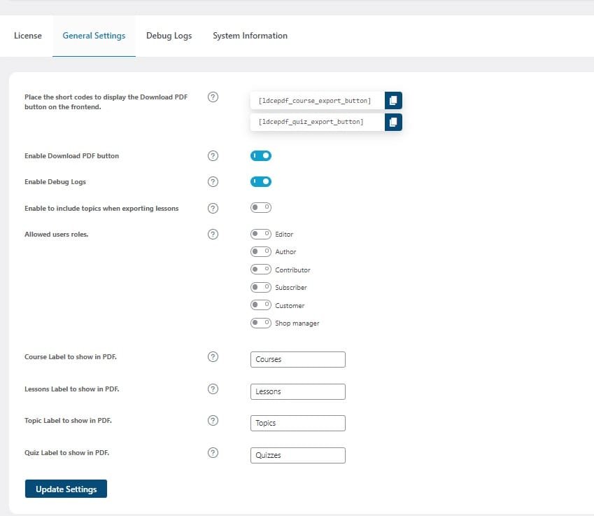 wpinnovators product course pdf generator for learndash general settings image