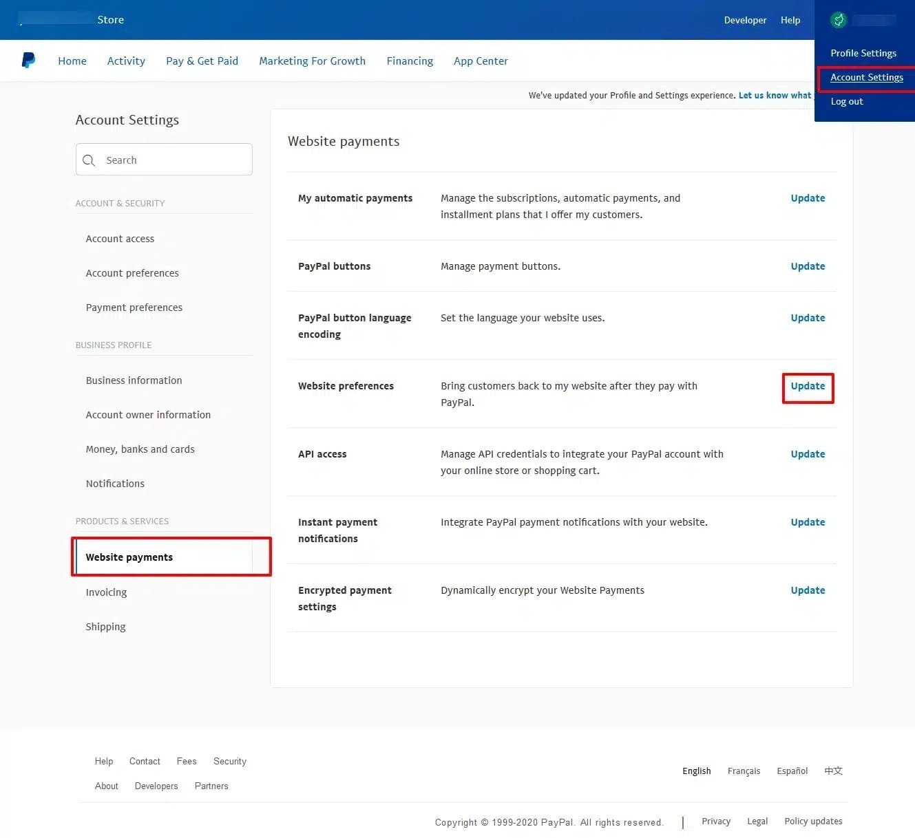 wpinnovators product premium content for learndash paypal account settings website payments website preferences image
