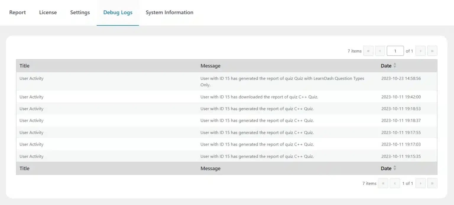 wpinnovators product quiz reports for learndash debug logs image