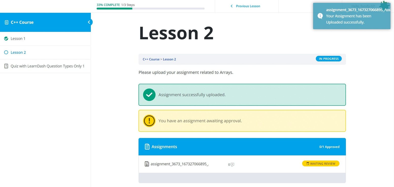 wpinnovators product student notifications for learndash assignment notification assignment has been uploaded successfully frontend image