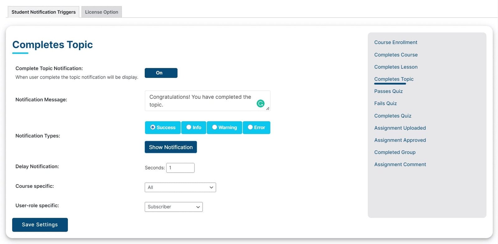 wpinnovators product student notifications for learndash complete topic notification settings image