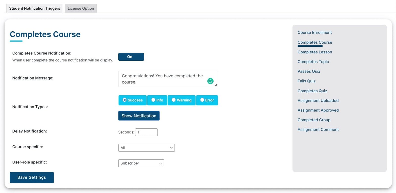 wpinnovators product student notifications for learndash completes course settings image