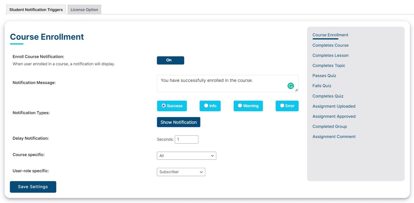 wpinnovators product student notifications for learndash course enrollment settings image
