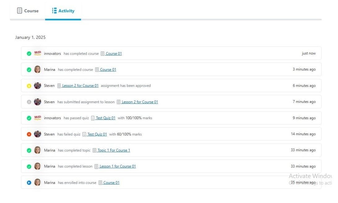 wpinnovators product activity timeline for learndash activities on the frontend image wpinnovators product activity timeline for learndash activities on the frontend image