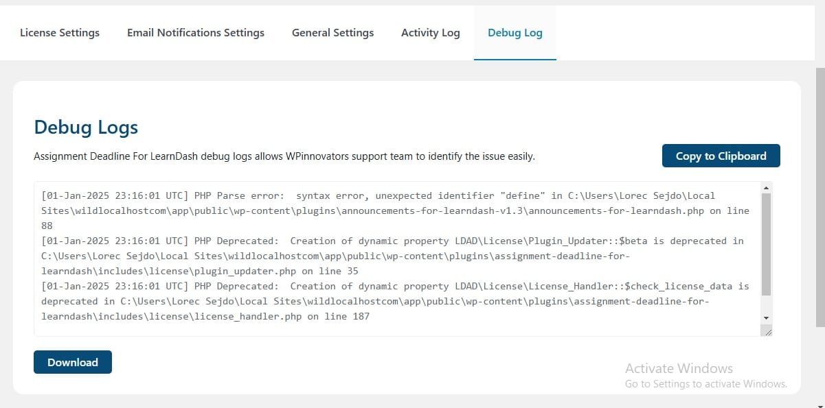 wpinnovators product assignment deadline for learndash debug logs image wpinnovators product assignment deadline for learndash debug logs image