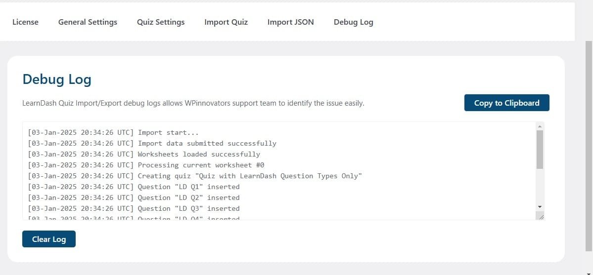 wpinnovators product quiz import export for learndash debug log image wpinnovators product quiz import export for learndash debug log image