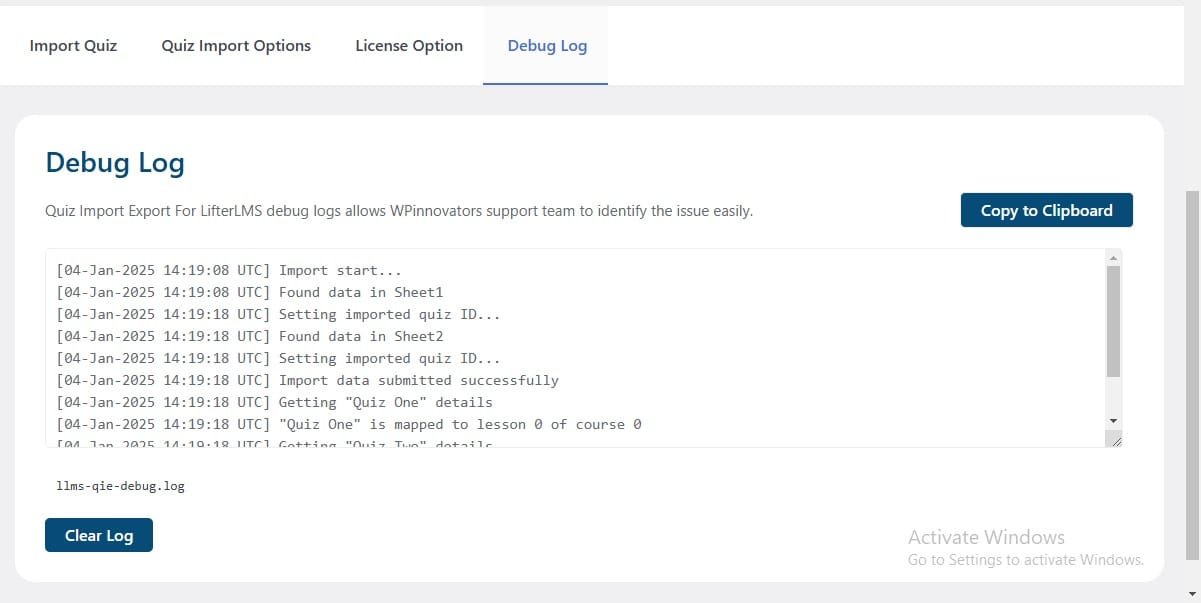 wpinnovators product quiz import export for lifterlms debug log image