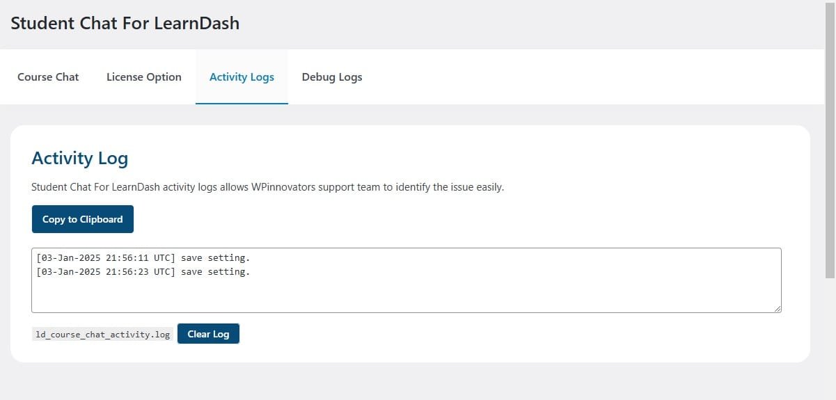 wpinnovators product student chat for learndash activity logs image wpinnovators product student chat for learndash activity logs image
