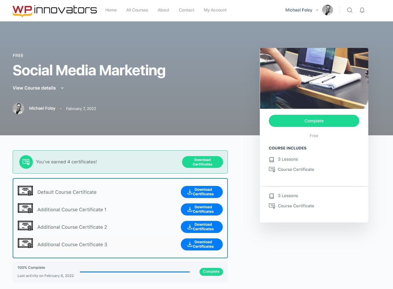 wpinnovators product multi certificates for learndash course frontend image