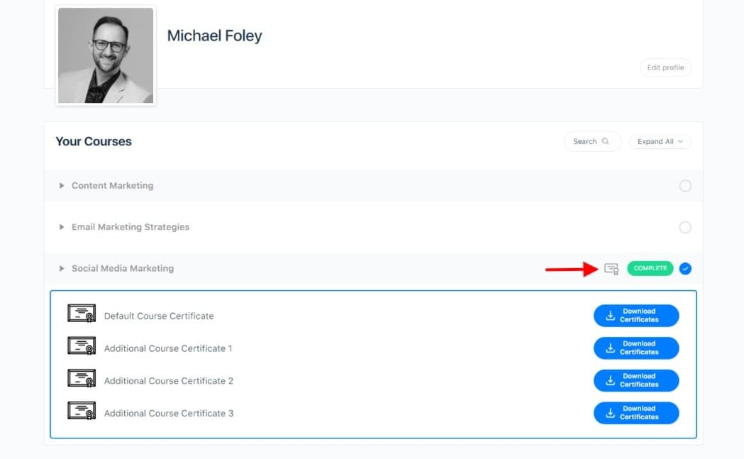wpinnovators product multi certificates for learndash multi certificates for courses from my account page frontend image