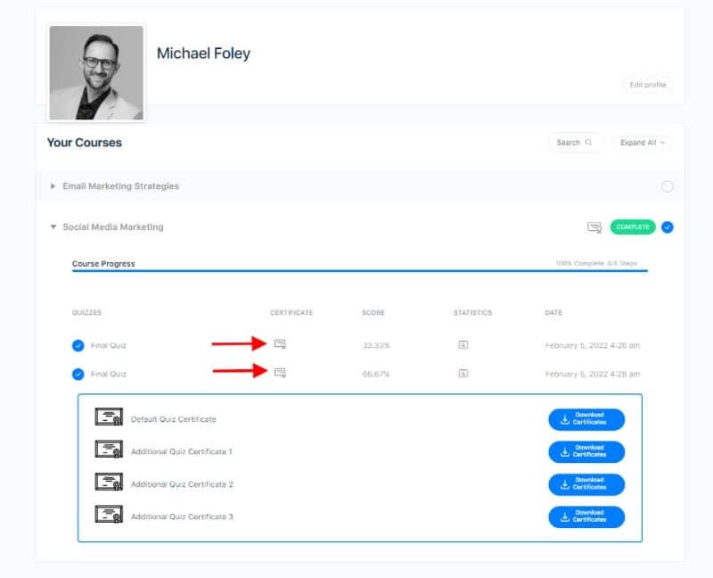 wpinnovators product multi certificates for learndash multi certificates for quizzes from my account page frontend image